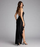 A stunning pick for an engagement photoshoot outfit or autumn wedding guest dress, this fall formal dress showcases the Isabella One-Shoulder Ruffle Slit Formal Dress in black with a graceful silhouette that captures the moment.