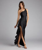 A stunning pick for an engagement photoshoot outfit or autumn wedding guest dress, this fall formal dress showcases the Isabella One-Shoulder Ruffle Slit Formal Dress in black with a graceful silhouette that captures the moment.