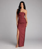 A stunning pick for an engagement photoshoot outfit or autumn wedding guest dress, this fall formal dress showcases the Anisley Strapless High Slit Column Formal Dress in dark marsala with a graceful silhouette that captures the moment.