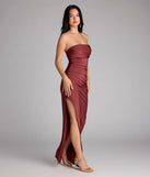 A stunning pick for an engagement photoshoot outfit or autumn wedding guest dress, this fall formal dress showcases the Anisley Strapless High Slit Column Formal Dress in dark marsala with a graceful silhouette that captures the moment.
