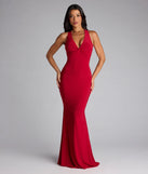 A stunning pick for an engagement photoshoot outfit or autumn wedding guest dress, this fall formal dress showcases the Juliane Strappy Back Mermaid Formal Dress in red with a graceful silhouette that captures the moment.