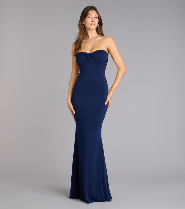 navy blue strapless mermaid dress Strapless Navy Blue Appliques Long Dress with Slit PollyBoutique