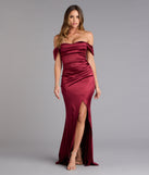 Belinda Off-The-Shoulder Slit Satin Formal Dress