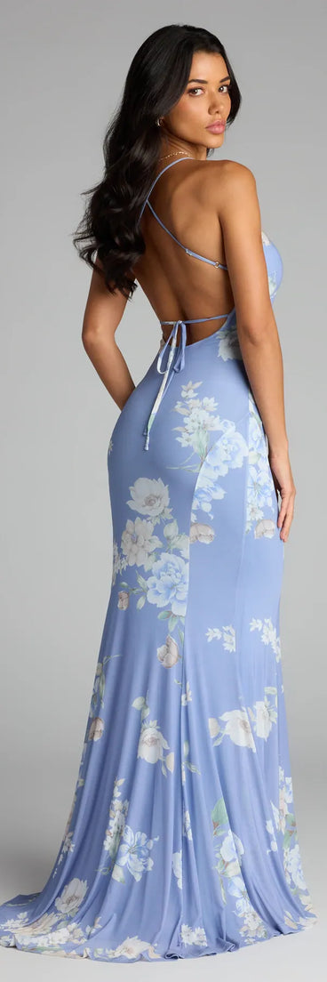 The Pascha Strappy Open Back Mermaid Floral Formal Dress is your new go-to blue dress—effortless, versatile, and made to update your fall style in seconds.