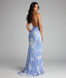 A stunning pick for an engagement photoshoot outfit or autumn wedding guest dress, this fall formal dress showcases the Pascha Strappy Open Back Mermaid Floral Formal Dress in blue with a graceful silhouette that captures the moment.