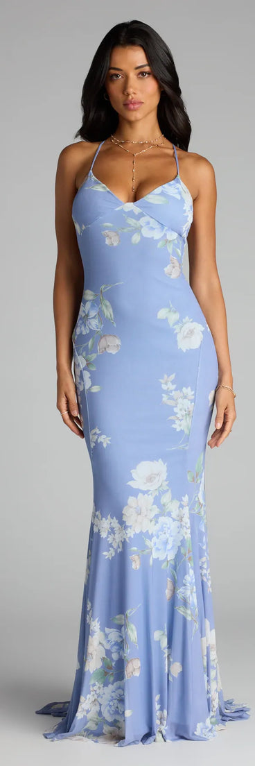 Style your seasonal looks with the Pascha Strappy Open Back Mermaid Floral Formal Dress, a trend-right, blue fall dress designed for any plan on your calendar with new and unqiue details.