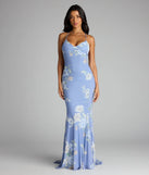 A stunning pick for an engagement photoshoot outfit or autumn wedding guest dress, this fall formal dress showcases the Pascha Strappy Open Back Mermaid Floral Formal Dress in blue with a graceful silhouette that captures the moment.