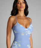 A stunning pick for an engagement photoshoot outfit or autumn wedding guest dress, this fall formal dress showcases the Pascha Strappy Open Back Mermaid Floral Formal Dress in blue with a graceful silhouette that captures the moment.