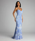 A stunning pick for an engagement photoshoot outfit or autumn wedding guest dress, this fall formal dress showcases the Pascha Strappy Open Back Mermaid Floral Formal Dress in blue with a graceful silhouette that captures the moment.