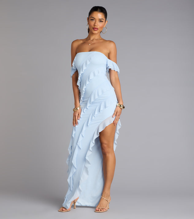 cecilia ruffle maxi dress Cecilia Off-The-Shoulder Ruffle Formal Dress