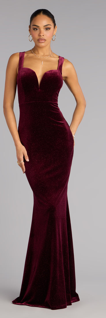 Ria Glitter Velvet Mermaid Formal Dress in Wine | Size: XS | Velvet Fabric | Windsor Ria Glitter Velvet Mermaid Formal Dress in Wine | Size: XS | Velvet Fabric | Windsor