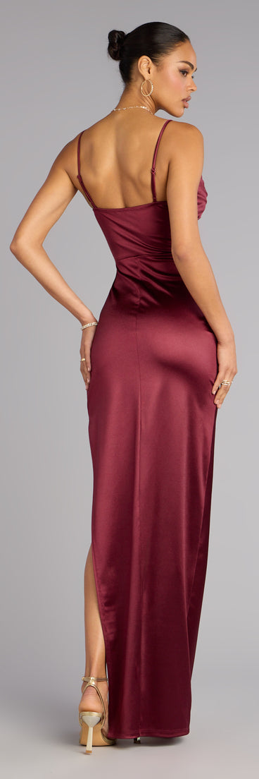 Jane Cowl Neck Slit Satin Formal Column Dress