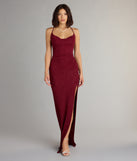 Feel ready for every dance floor moment or feed-worthy reel in the Amirah Formal Glitter Cowl Neck Column Dress, a homecoming dress designed to own your moment.