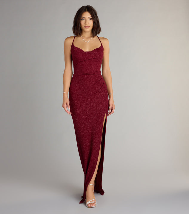 Feel ready for every dance floor moment or feed-worthy reel in the Amirah Formal Glitter Cowl Neck Column Dress, a homecoming dress designed to own your moment.