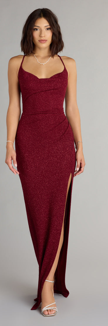 Amirah Formal Glitter Cowl Neck Column Dress