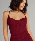 Feel ready for every dance floor moment or feed-worthy reel in the Amirah Formal Glitter Cowl Neck Column Dress, a homecoming dress designed to own your moment.