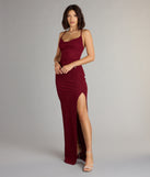 Feel ready for every dance floor moment or feed-worthy reel in the Amirah Formal Glitter Cowl Neck Column Dress, a homecoming dress designed to own your moment.