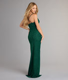 Feel ready for every dance floor moment or feed-worthy reel in the Amirah Formal Glitter Cowl Neck Column Dress, a homecoming dress designed to own your moment.