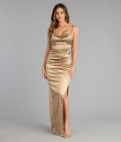 The Iliana Cowl Neck High Slit Satin Column Dress is your new go-to Windsor dress—effortless, versatile, and made to update your fall style in seconds.