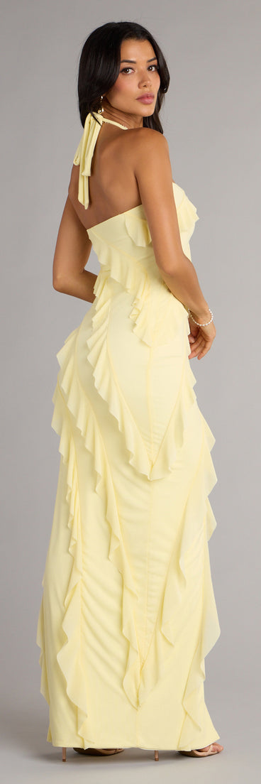 The Blake Mesh Halter Slit Ruffle Formal Dress is your new go-to Windsor dress—effortless, versatile, and made to update your fall style in seconds.