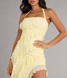 Blake Mesh Halter Slit Ruffle Formal Dress