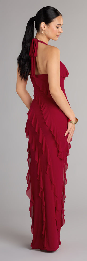 Windsor Marley Halter Ruffle Slit Formal Dress in Wine | Size: S | Mesh Fabric Windsor Marley Halter Ruffle Slit Formal Dress in Wine | Size: S | Mesh Fabric