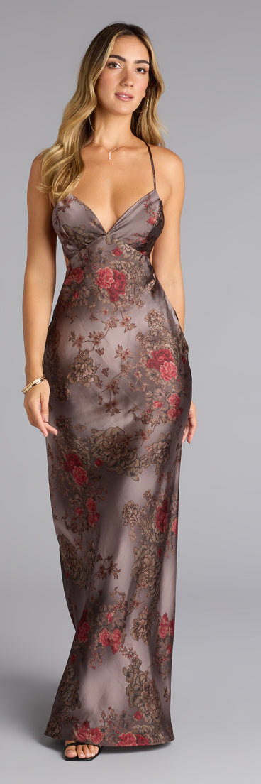 The Adaline Floral Satin Open Back Formal Dress is your new go-to Windsor dress—effortless, versatile, and made to update your fall style in seconds.