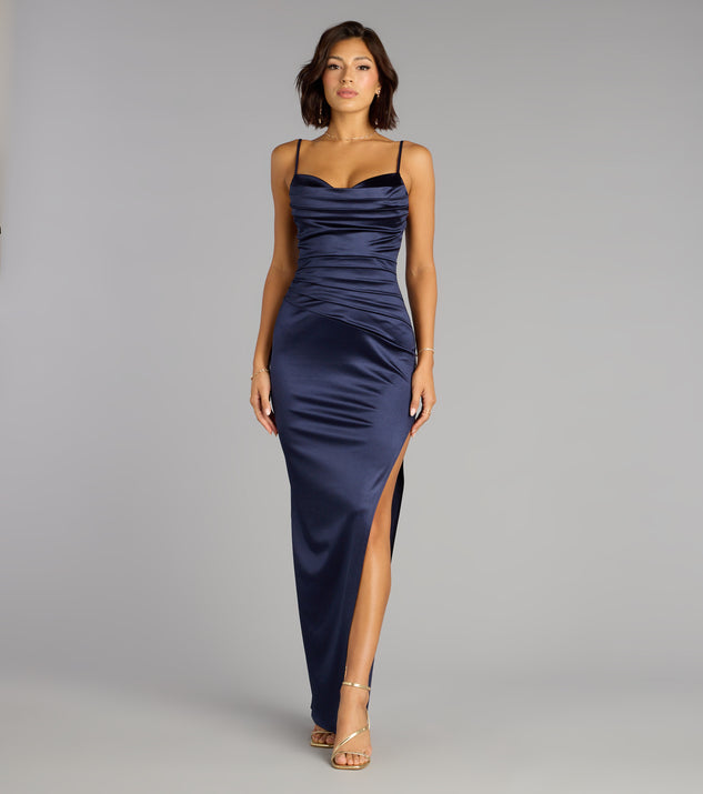 Alessia Satin Cowl Neck Slit Formal Dress | Windsor Alessia Satin Cowl Neck Slit Formal Dress | Windsor