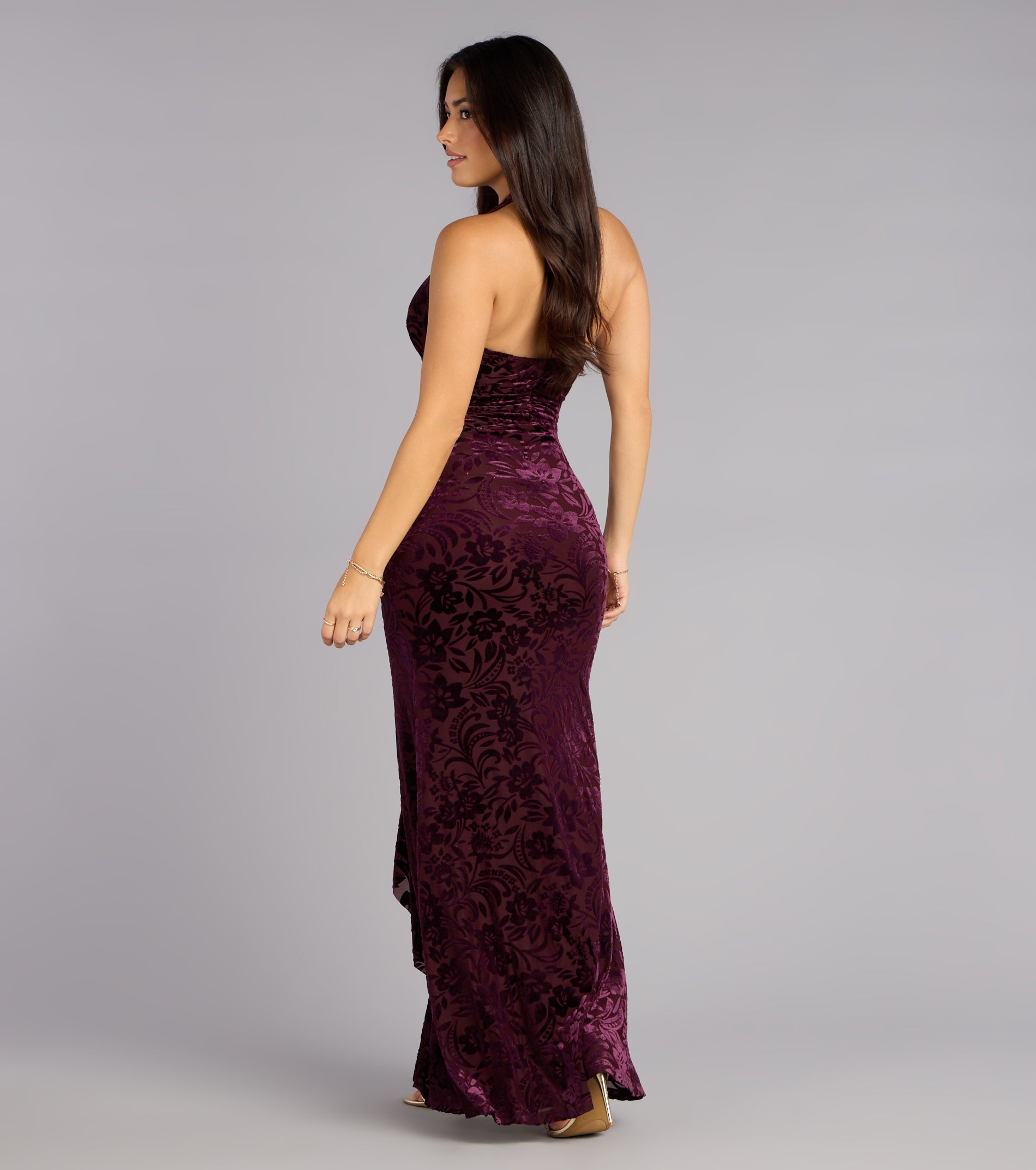 Candace Velvet Halter Ruffle Formal Dress | Windsor