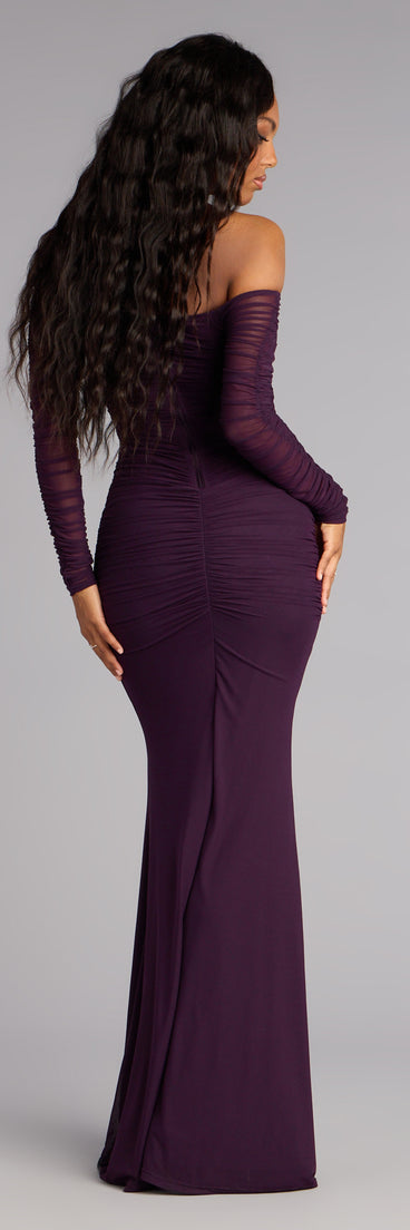 Windsor Marla Mesh Off-The-Shoulder Formal Dress in Purple | Size: XS | Knit Fabric/Mesh Fabric/Mesh Fabric Windsor Marla Mesh Off-The-Shoulder Formal Dress in Purple | Size: XS | Knit Fabric/Mesh Fabric/Mesh Fabric