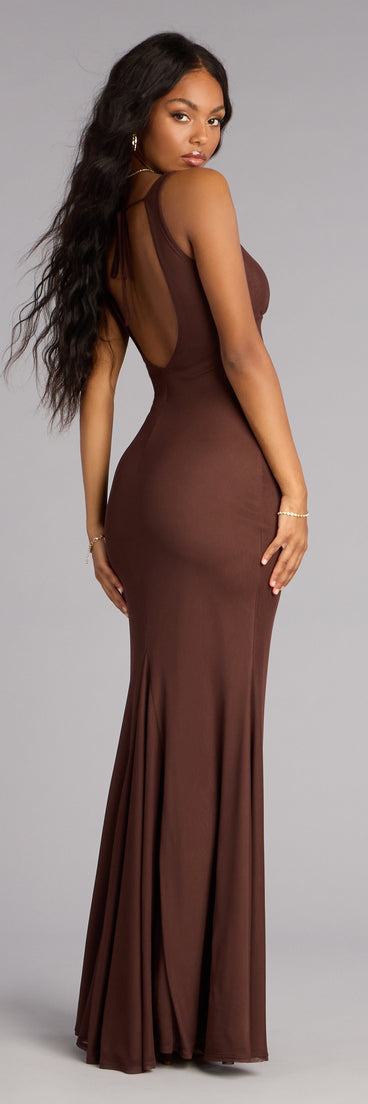 Windsor Erica Mesh Open Back Mermaid Formal Dress in Brown | Size: XS | Mesh Fabric Windsor Erica Mesh Open Back Mermaid Formal Dress in Brown | Size: XS | Mesh Fabric