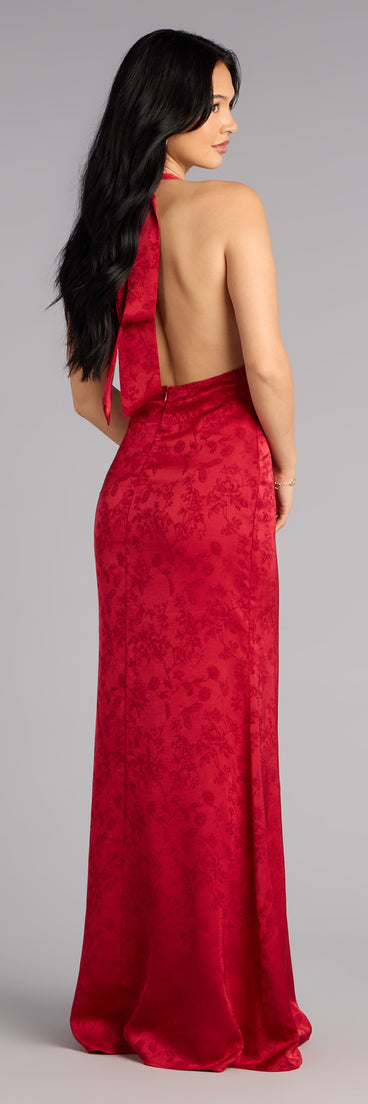 Celebrate in style with the Adelle Satin Halter A-Line Formal Dress, a red holiday dresses standout that brings bold, festive flair and a party-ready look.