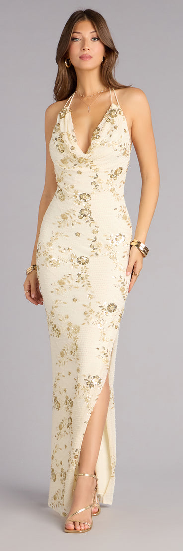 Maren Floral Sequin Mesh Halter Formal Dress