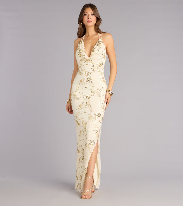 slim fit dress slacks Maren Floral Sequin Mesh Halter Formal Dress