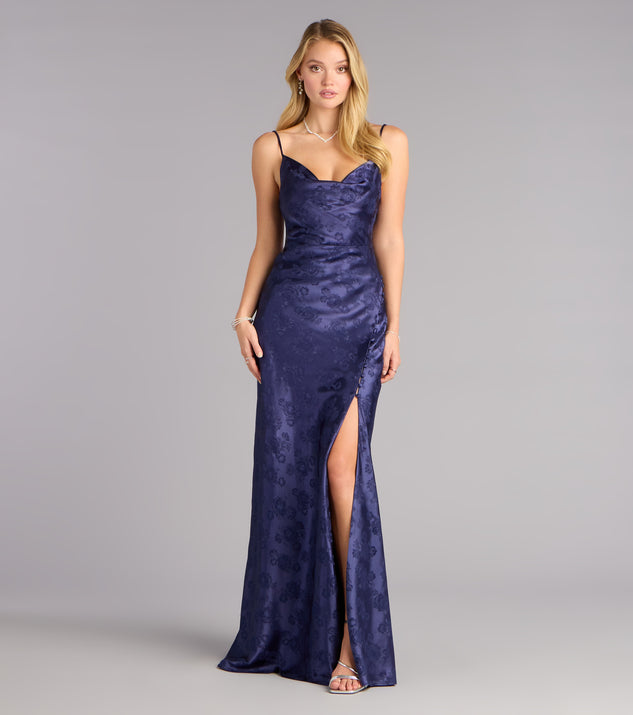 slim fit dress slacks Kensie Satin Cowl Neck Slit Formal Dress