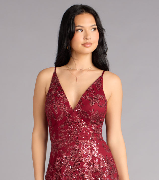 myra formal high slit dress Myra Glitter Sequin Floral Mesh Mermaid Dress