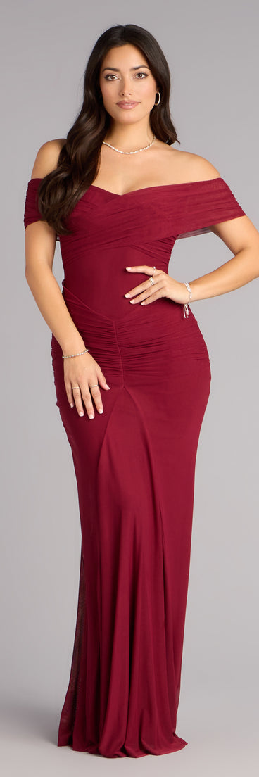 Feel polished and confident in the Katie Mesh Off-The-Shoulder Formal Dress, a red prom dress designed with luxe fabric and modern detail that shows off your vibe.