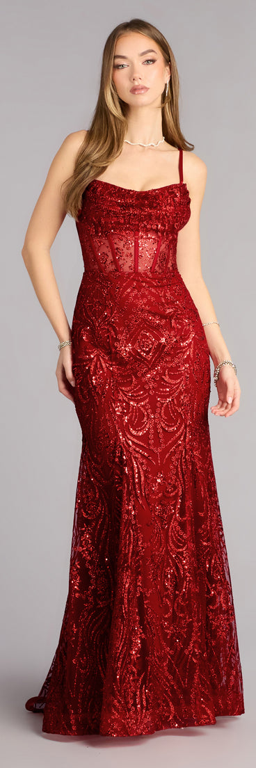 photo finish red sequin lace-up maxi dress Anna Glitter Sequin Lace-Up Formal Dress