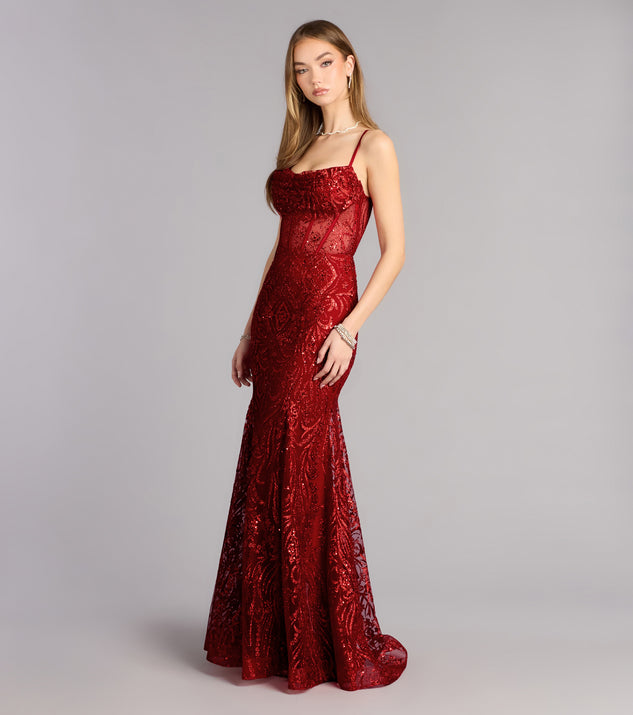 photo finish red sequin lace-up maxi dress Lace Ruched Sequin Maxi Dress Red