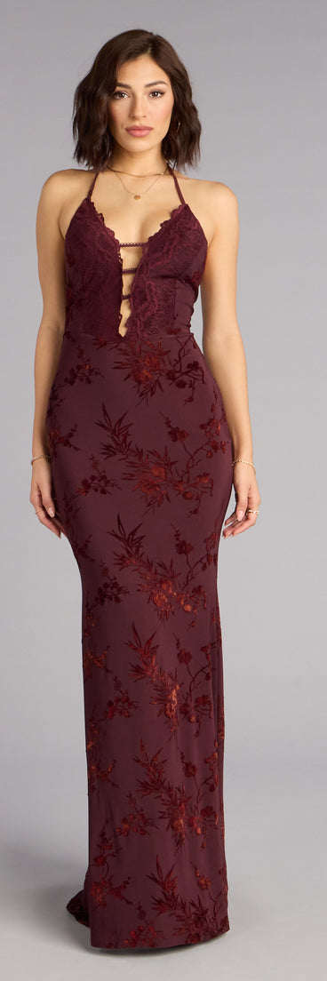 Windsor Erin Flocked Velvet Lace-Up Mermaid Formal Dress in Wine | Size: XS Windsor Erin Flocked Velvet Lace-Up Mermaid Formal Dress in Wine | Size: XS