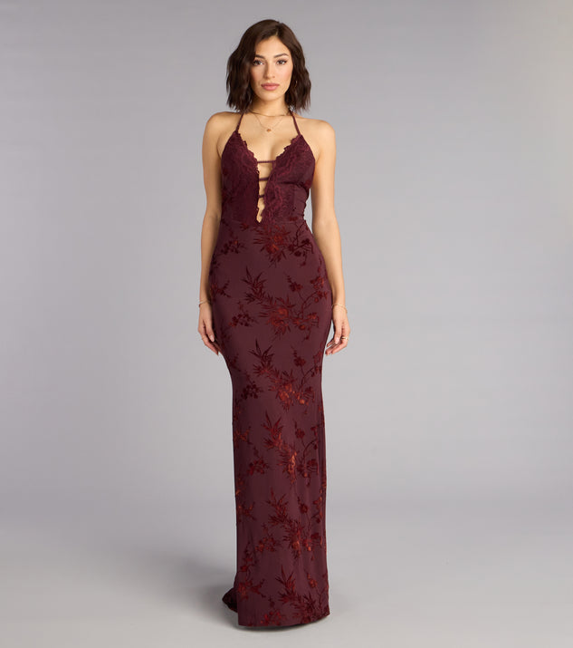 Erin Flocked Velvet Lace-Up Mermaid Formal Dress | Windsor Erin Flocked Velvet Lace-Up Mermaid Formal Dress | Windsor