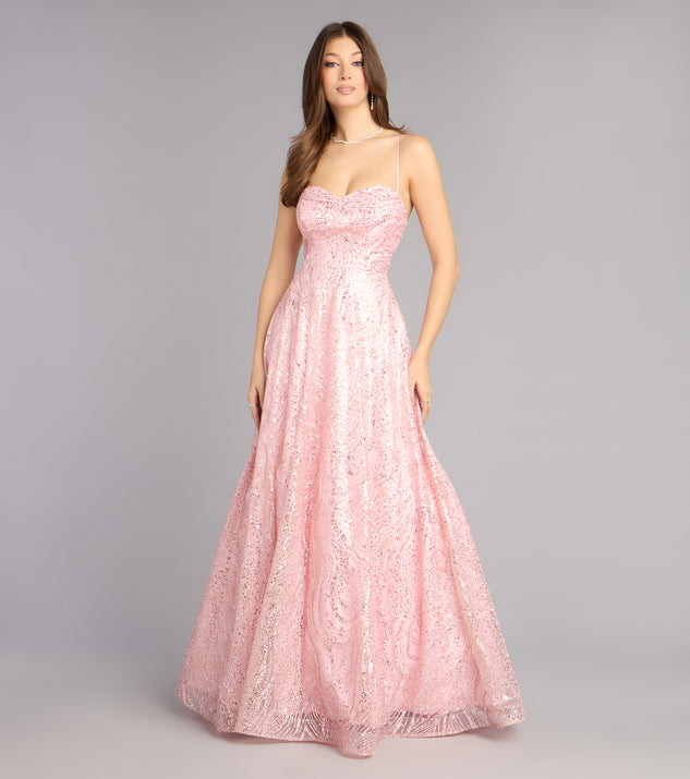 Klaire Lace-Up A-Line Glitter Sequin Formal Dress in Pink | Size: M | Mesh Fabric/Mesh Fabric