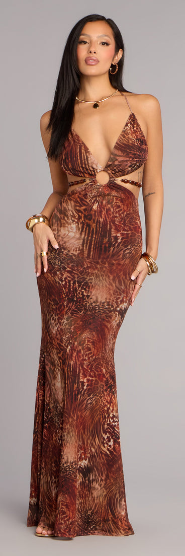 Shop a formal dress like the Addison Animal Print Formal Dress in brown, designed with a sleek silhouette, luxe fabric, and elegant detail for special events.