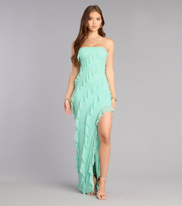 Windsor Gabby Formal Mesh Strapless Ruffle Long Dress in Mint