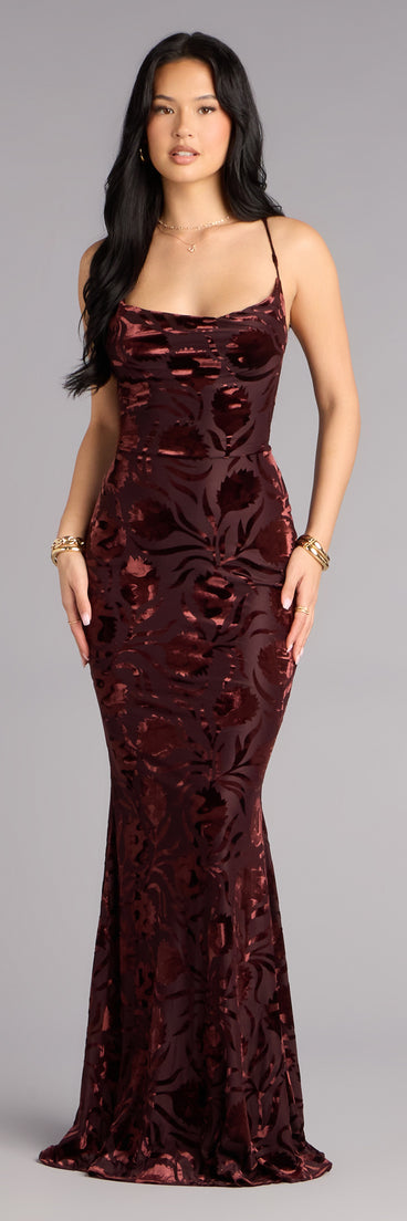 Primrose Velvet Pattern Lace-Up Formal Dress in Burgundy | Size: L | Mesh Fabric | Windsor Primrose Velvet Pattern Lace-Up Formal Dress in Burgundy | Size: L | Mesh Fabric | Windsor