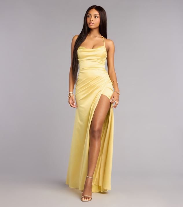 Windsor Melinda Satin Lace-Up Formal Dress in Yellow | Size: M