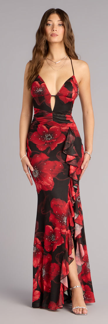 Christen Floral Rhinestone Mesh Formal Dress