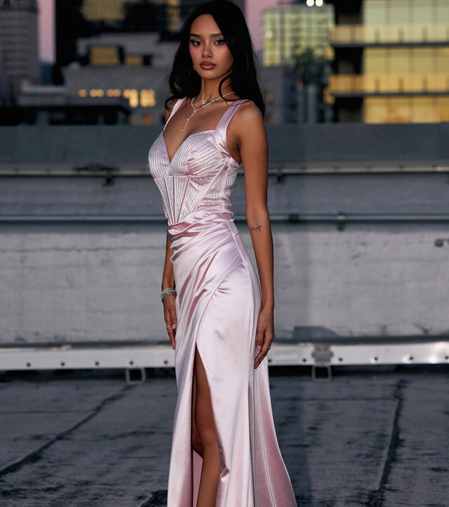 pink satin dress with rhinestones Hot Pink Satin V-Neck Mermaid Prom Dress with Beading
