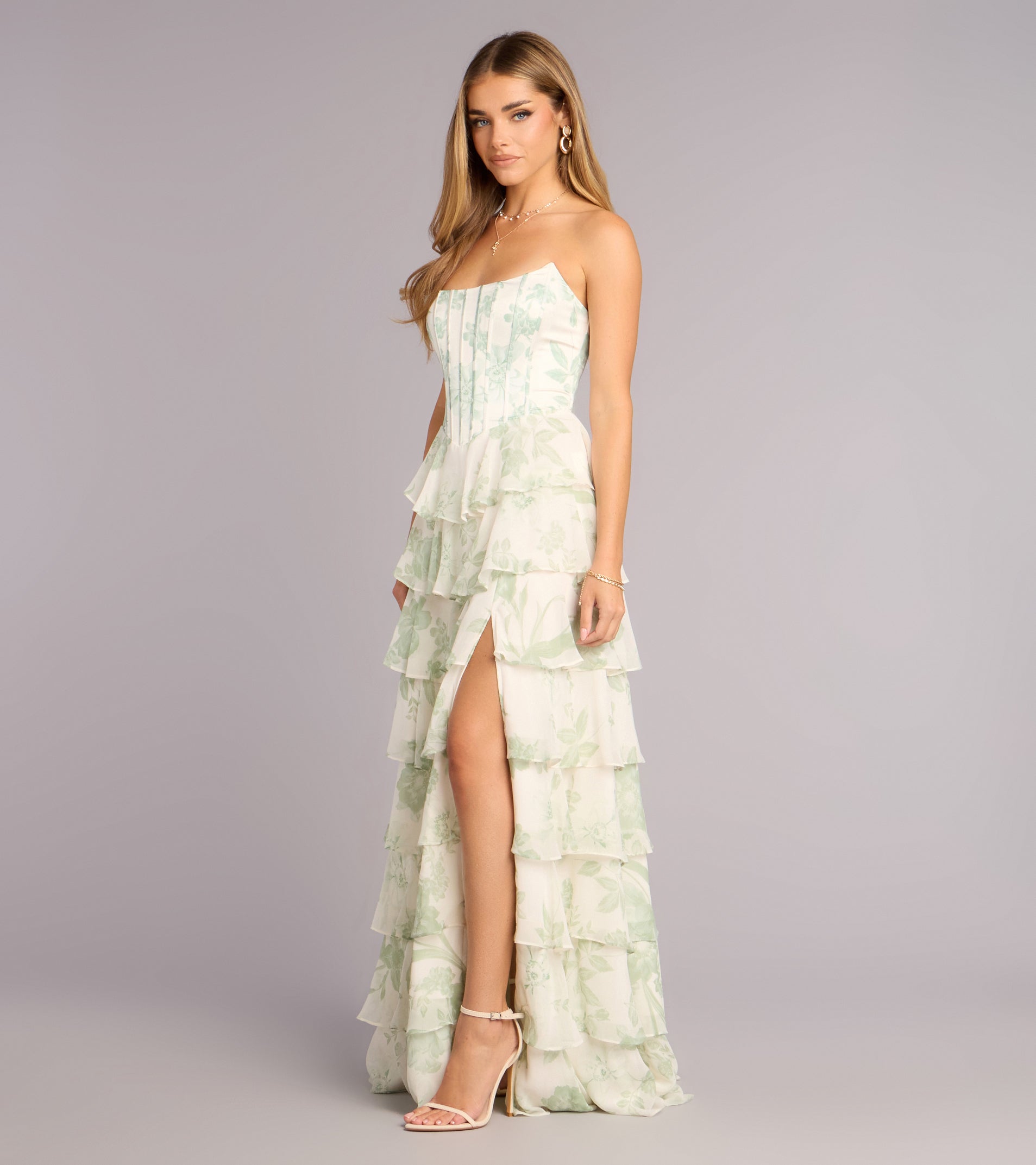 Lilyana Floral Chiffon Strapless Ruffle A-Line Dress | Windsor