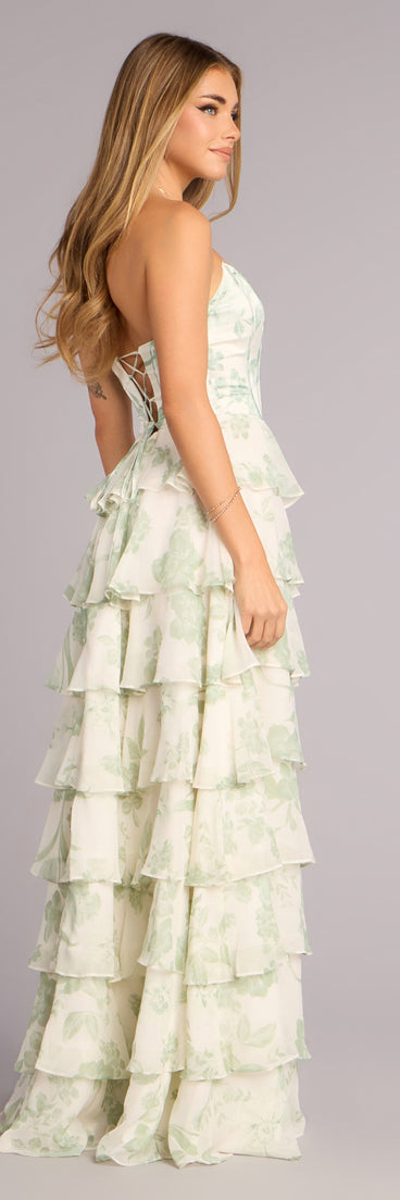 Lilyana Floral Chiffon Strapless Ruffle A-Line Dress